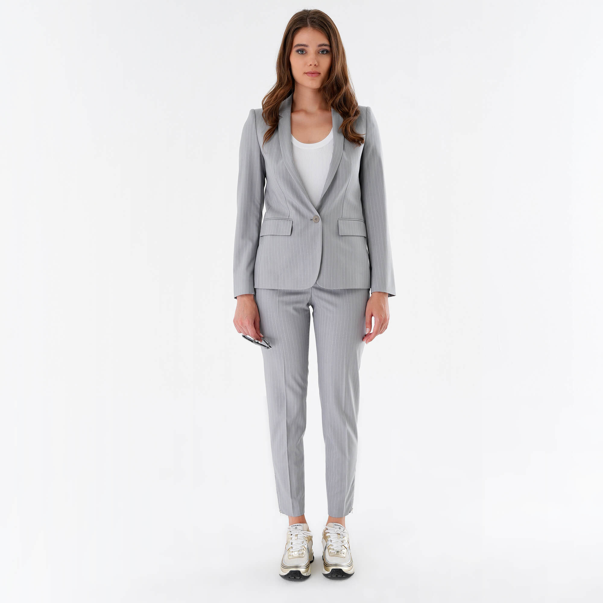 Stella McCartney - Grey Vertical Striped Blazer Fleur Jacket & Pants Suit  IT40